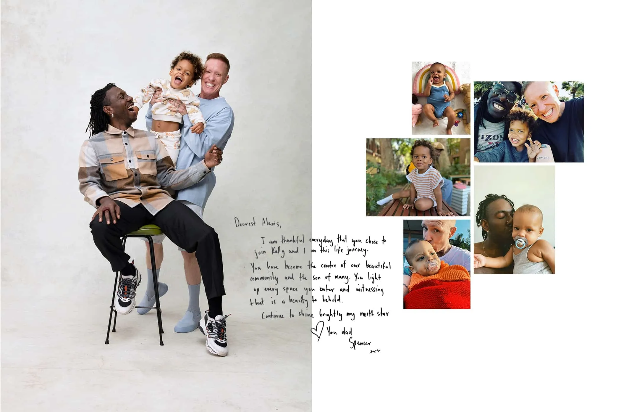 An image of two fathers with their child, next to a collage of personal family photos