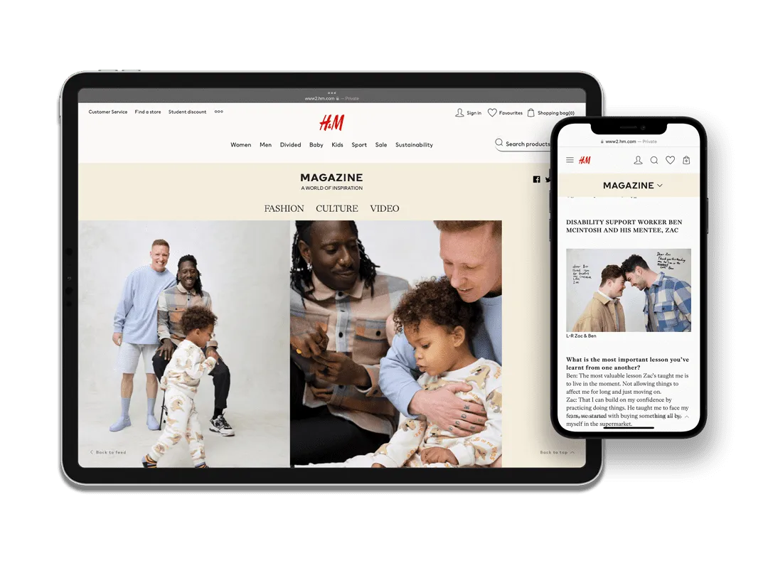 An iPad and an iPhone each displaying the H&M Magazine featuring images art-directed by Smile