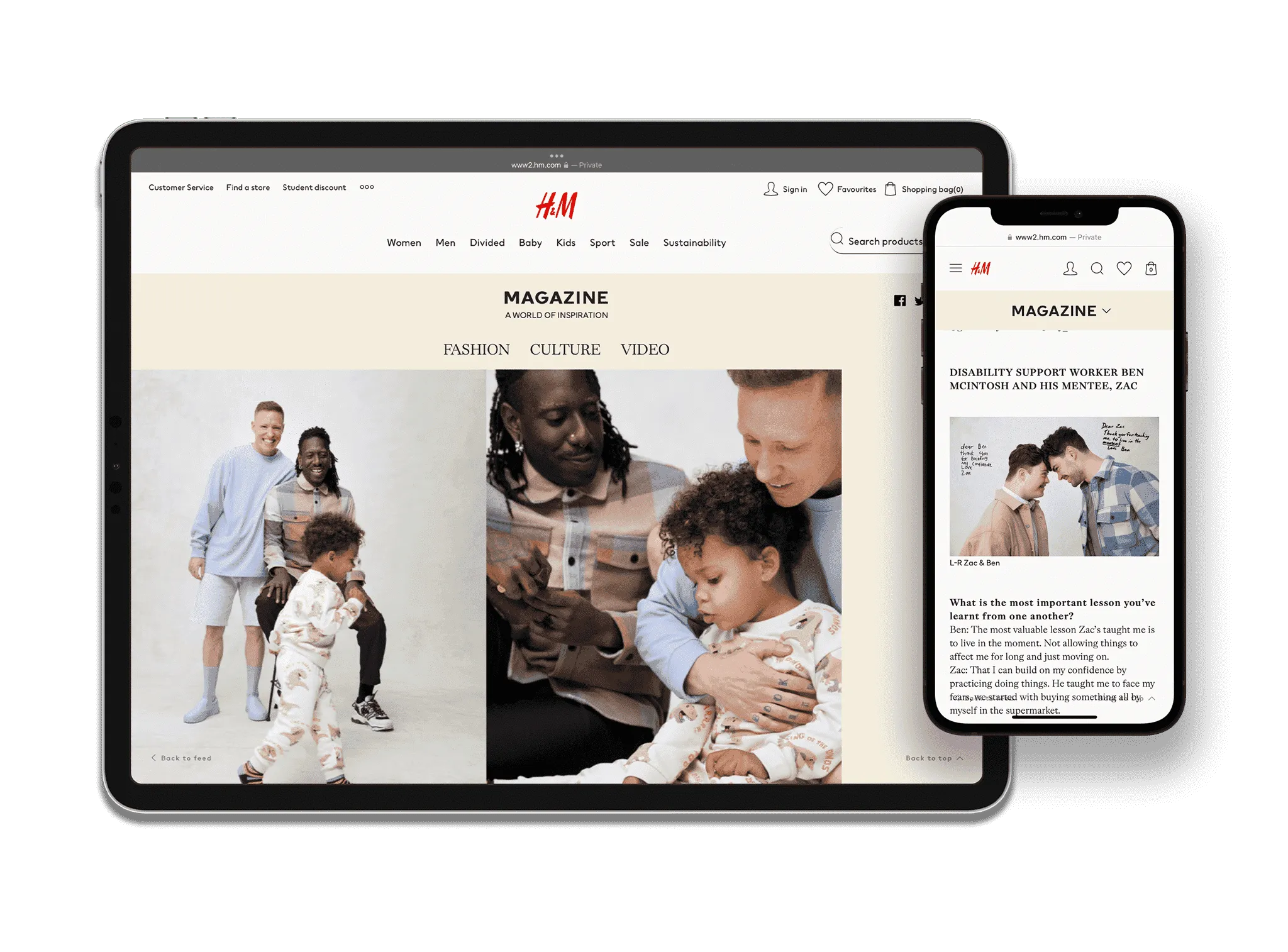 An iPad and an iPhone each displaying the H&M Magazine featuring images art-directed by Smile