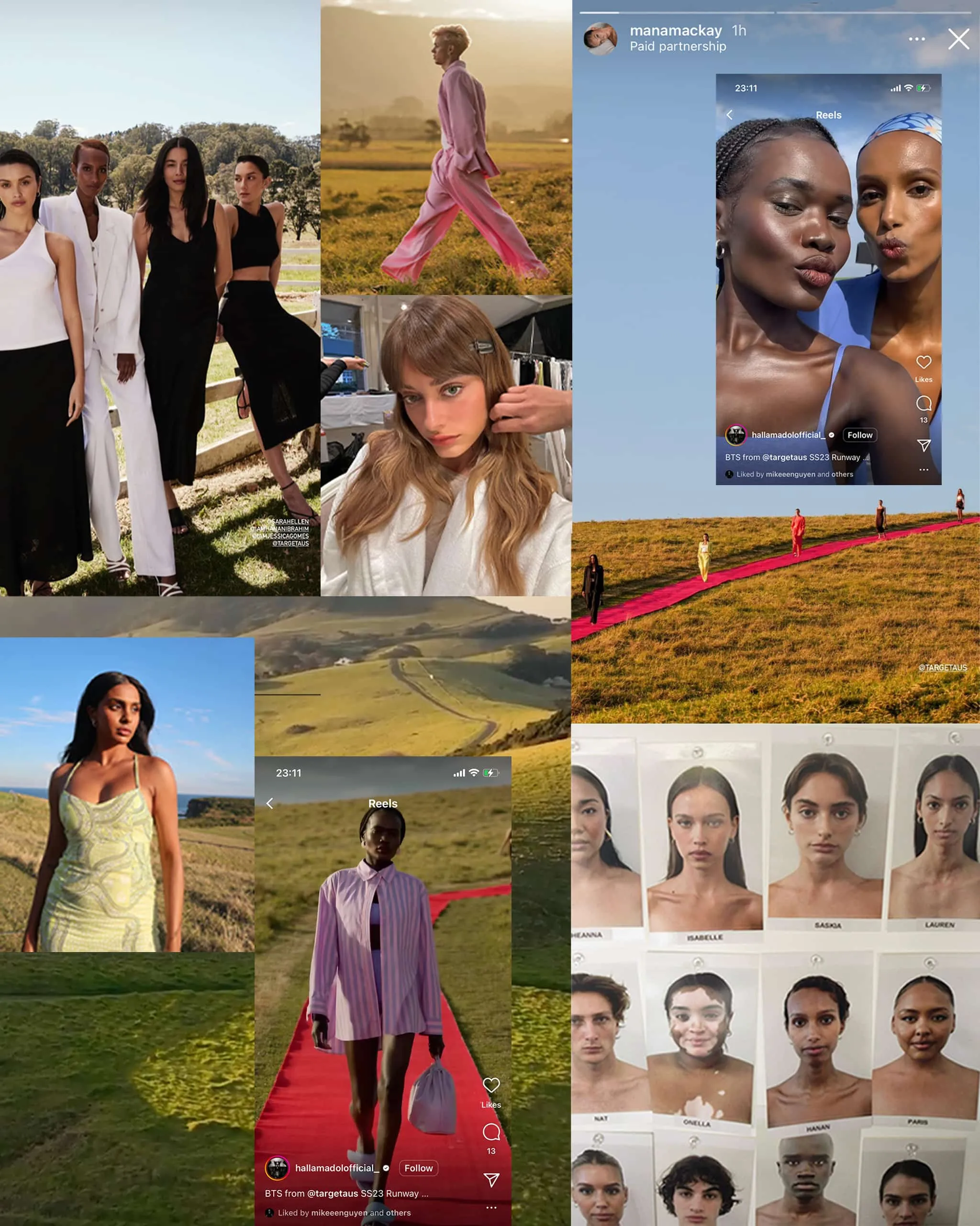 A collage of Target BTS moments featuring models, styling, social media snapshots, and the runway