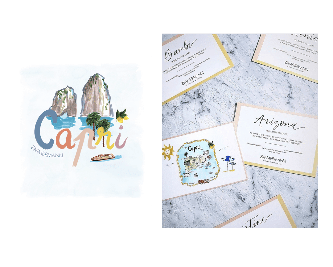 Picture 1 - A painting of two rock formations in the ocean, two palm trees, two lemons, and a classic wooden speedboat. Over the image is the word 'Capri', hand painted in multiple colours. Underneath the C of the word Capri, is the Zimmermann logo. Picture 2 - A photograph of printed invitations featuring handwritten names, and printed paintings of the island of Capri, the sun, lemons, a seagull and beach umbrellas.