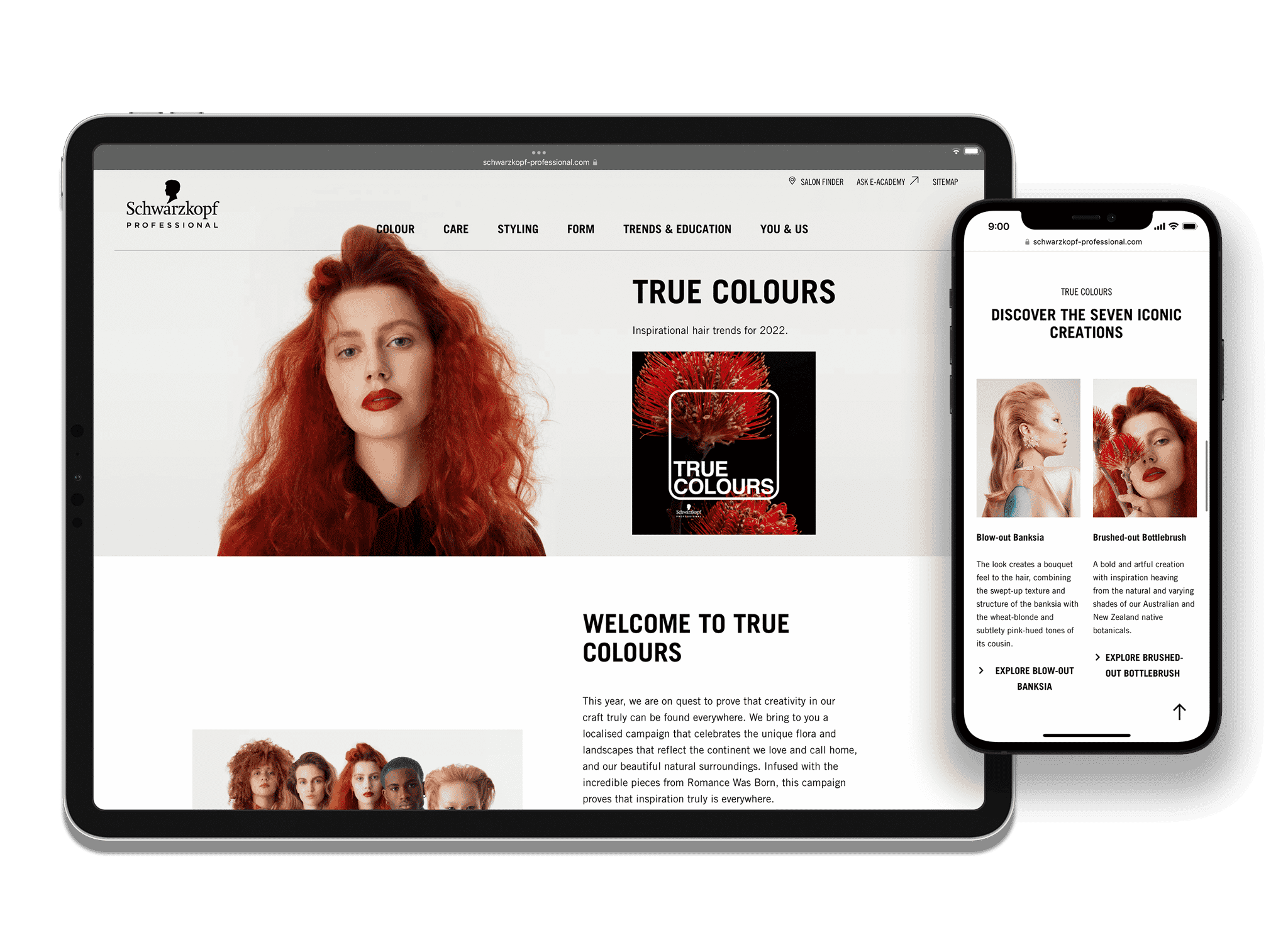 an iPad and iPhone showing the Schwarzkopf True Colours campaign website
