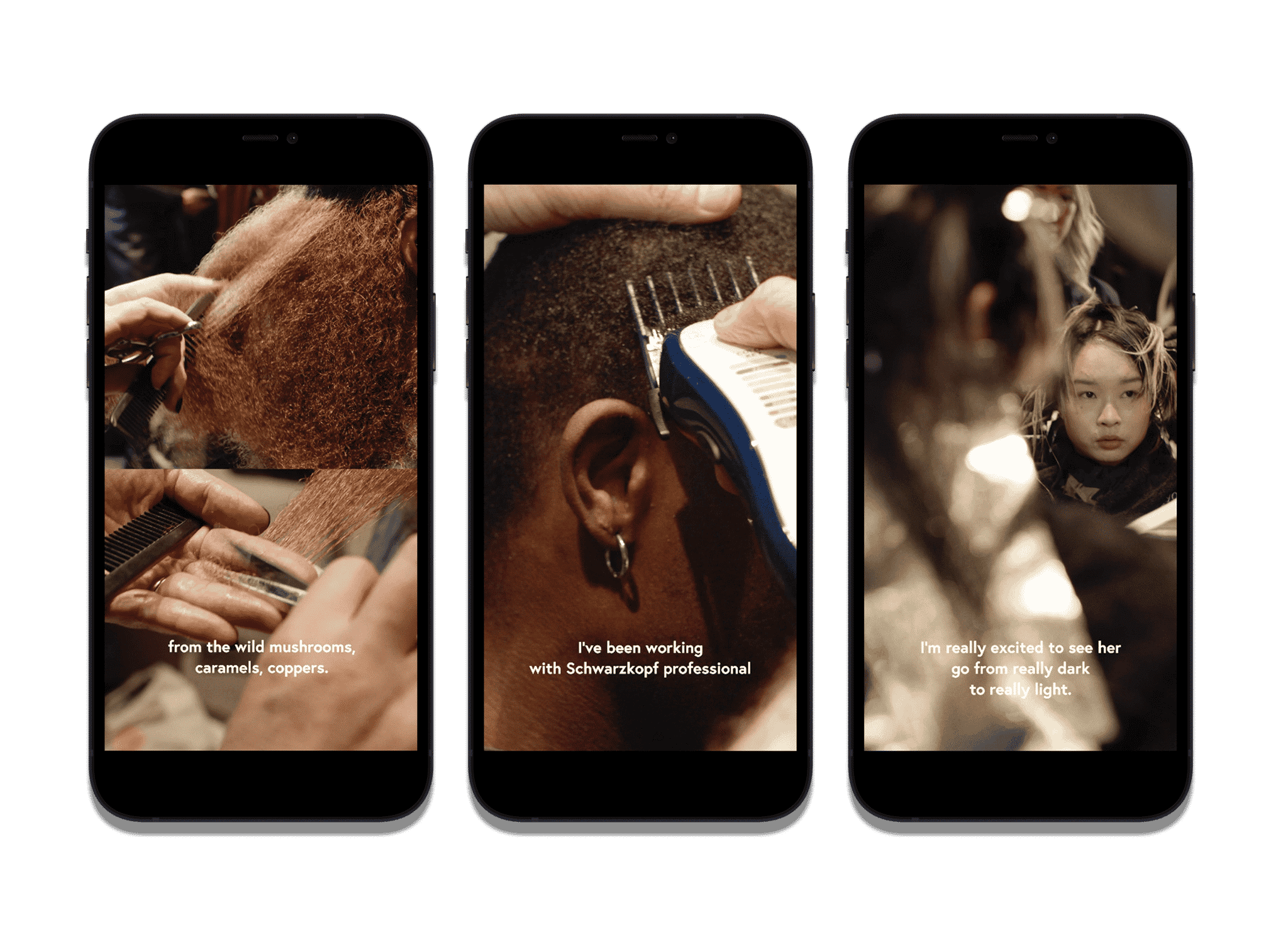 three iPhones displaying stills from a behind-the-scenes video