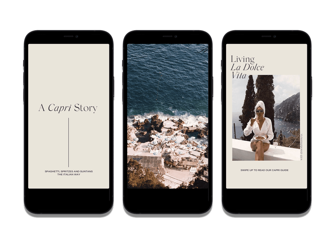 three iPhones displaying stills from a Shona Joy instagram story