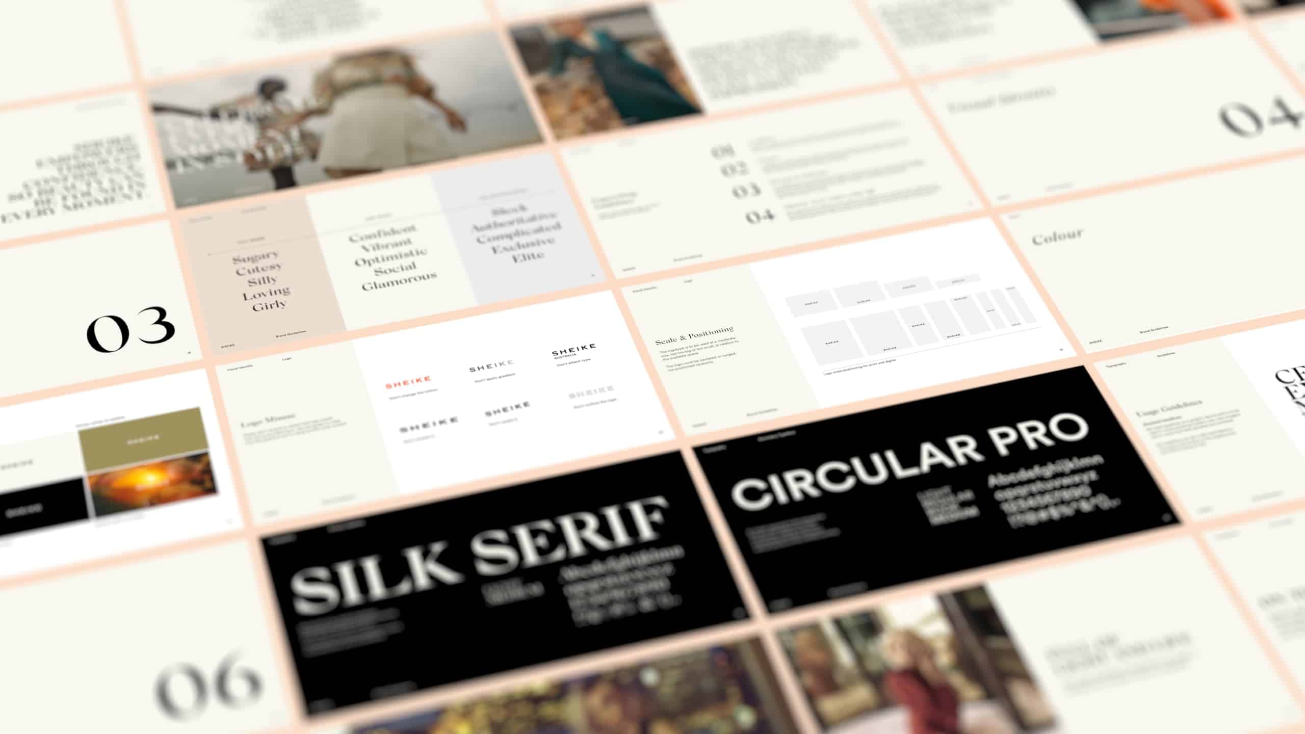 An image of multiple pages of the Sheike brand style guide document